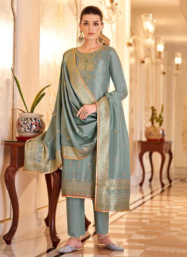 Teal Blue Embroidered Indian Palazzo Suit