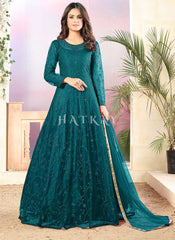 Turquoise Sequence Work Net Anarkali Gown