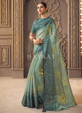 Turquoise Golden Zari Embroidery Designer Organza Silk Saree