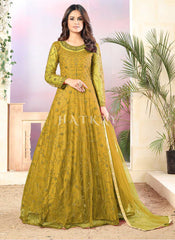 Lime Yellow Sequence Work Net Anarkali Gown
