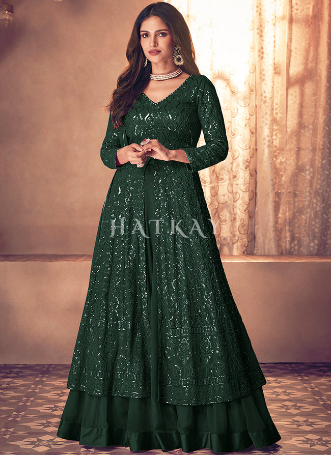 Buy Anarkali Lehenga - Dark Green Traditional Sequence Embroidered Wedding Anarkali Lehenga Style Suit