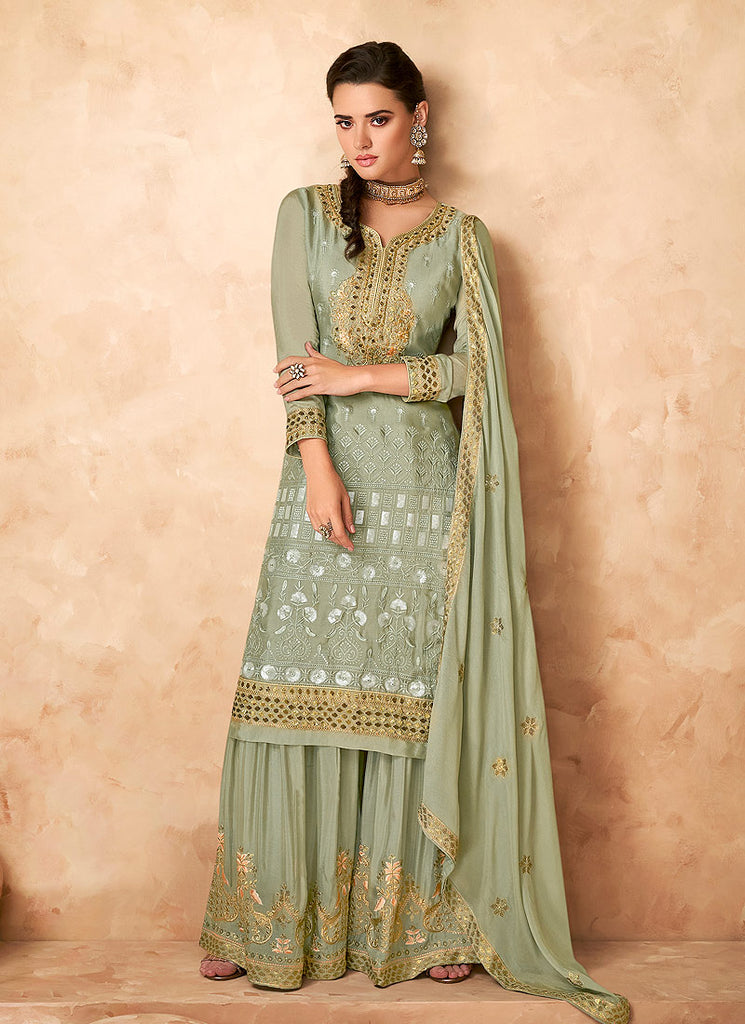 Light Green Golden Embroidered Designer Gharara Suit
