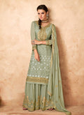 Light Green Golden Embroidered Designer Gharara Suit