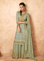 Light Green Golden Embroidered Designer Gharara Suit