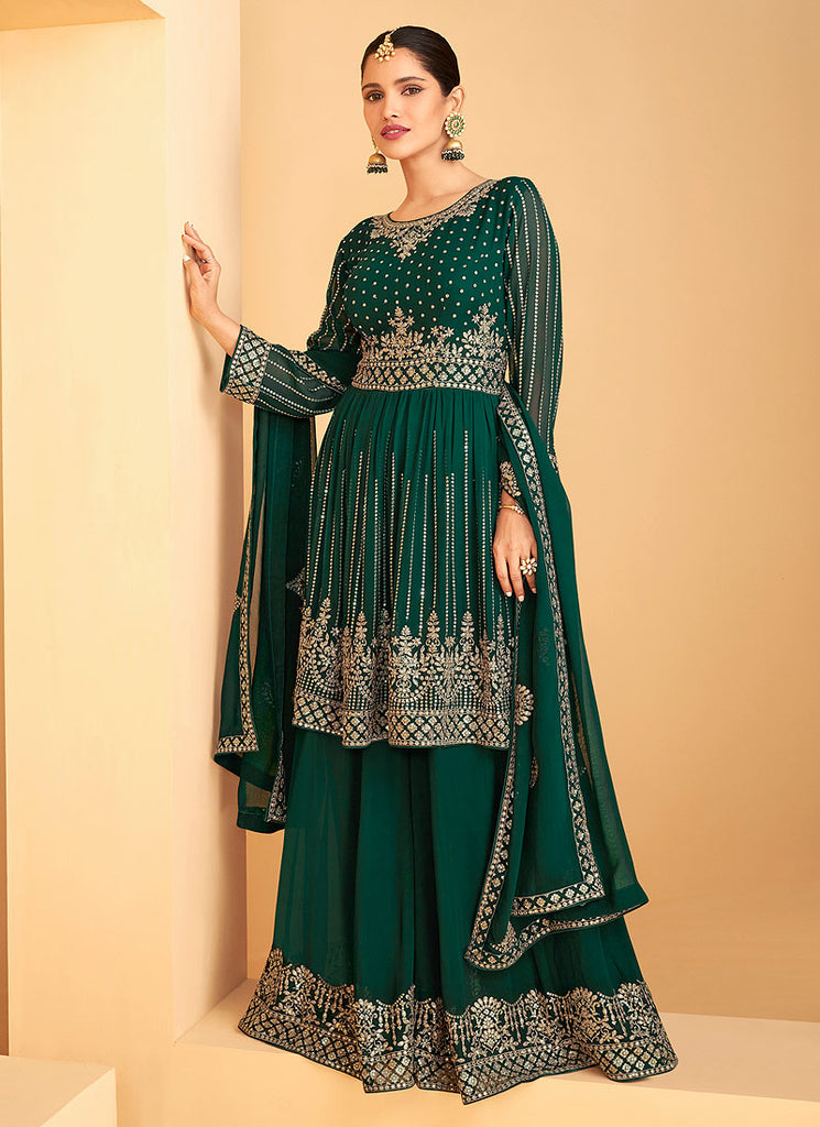 Green Georgette Embroidered Sharara Style Suit