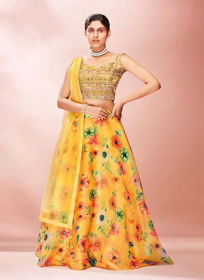 Lime Yellow Floral Embroidered Lehenga Choli