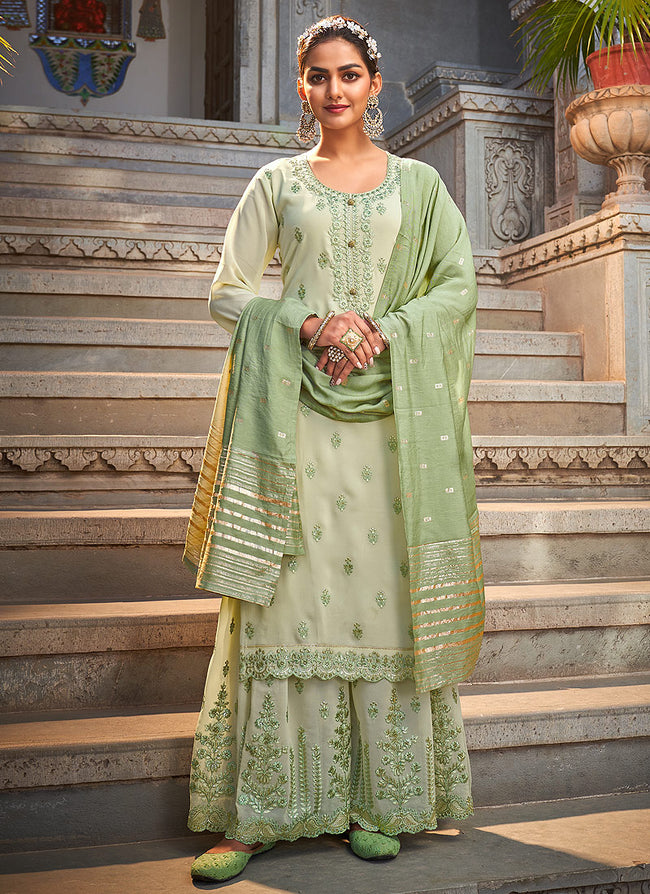 Teal Green Embroidered Designer Palazzo Suit