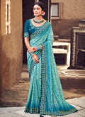 Sky Blue Digital Prints And Soraski Work Silk Saree