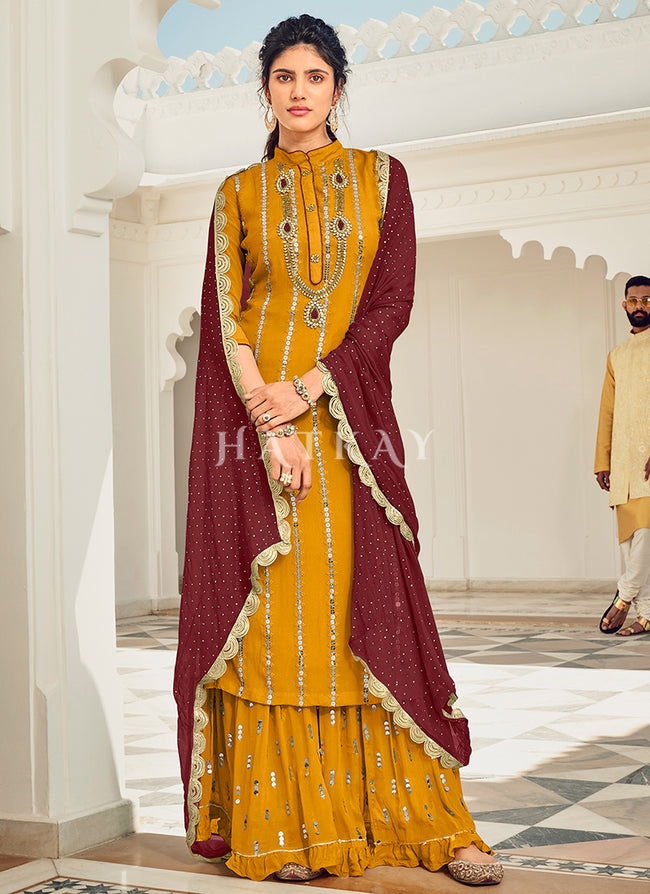 Yellow And Maroon Embroidered Gharara Style Suit