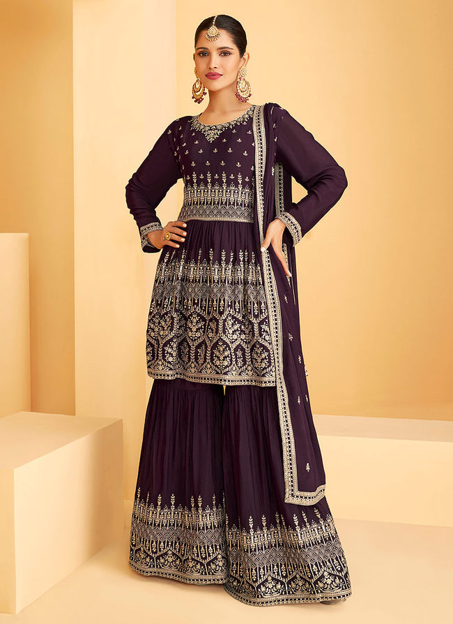 Deep Wine Georgette Embroidered Sharara Style Suit