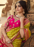 Lime Green And Pink Traditional Embroidered Silk Saree