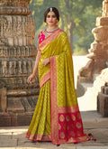 Lime Green And Pink Traditional Embroidered Silk Saree