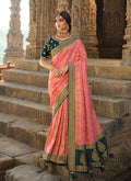 Pink And Green Traditional Embroidered Silk Saree