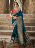 Blue And Red Traditional Embroidered Silk Saree