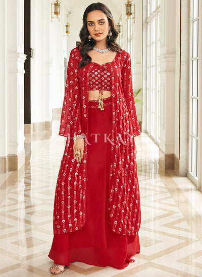 Red Sequence Embroidered Jacket Style Sharara Suit 