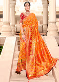 Orange And Red Embroidered Wedding Silk Saree