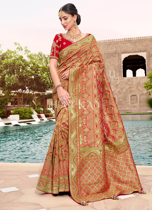 Red And Green Embroidered Banarasi Silk Saree