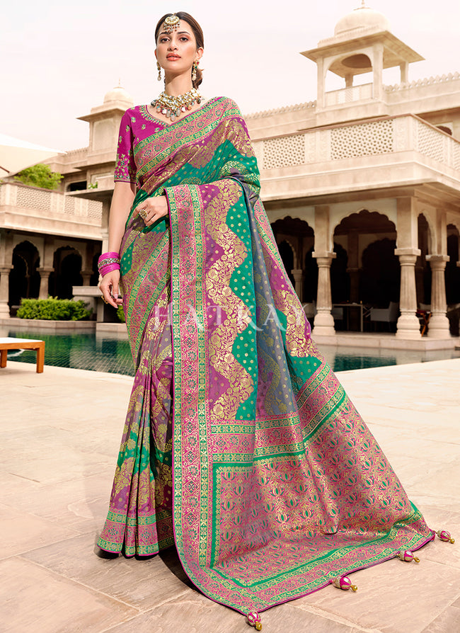 Purple And Green Embroidered Banarasi Silk Saree