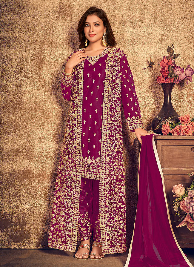 Rani Pink Traditional Embroidered Jacket Style Pant Suit