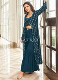 Blue Sequence Embroidered Jacket Style Sharara Suit