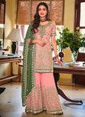 Peach And Green Golden Embroidered Wedding Sharara Suit