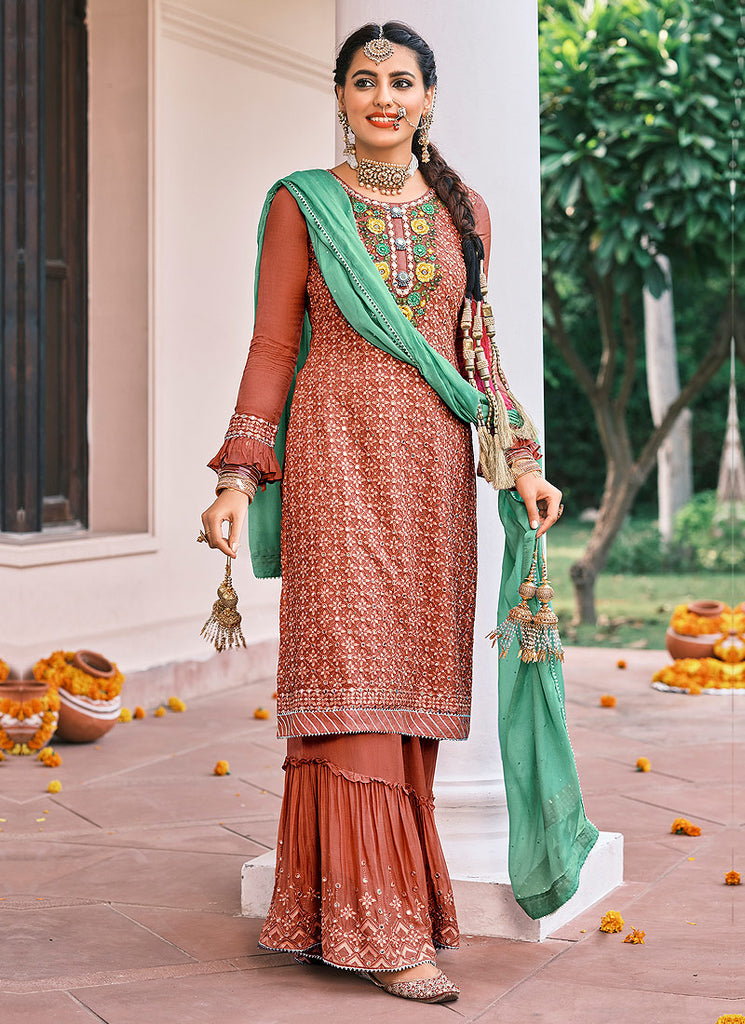 Light Brown Embroidered Gharara Suit