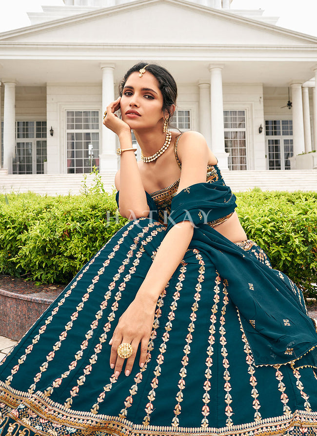 Buy Lehenga Choli Turquoise Traditional Zari Embroidered Lehenga Choli
