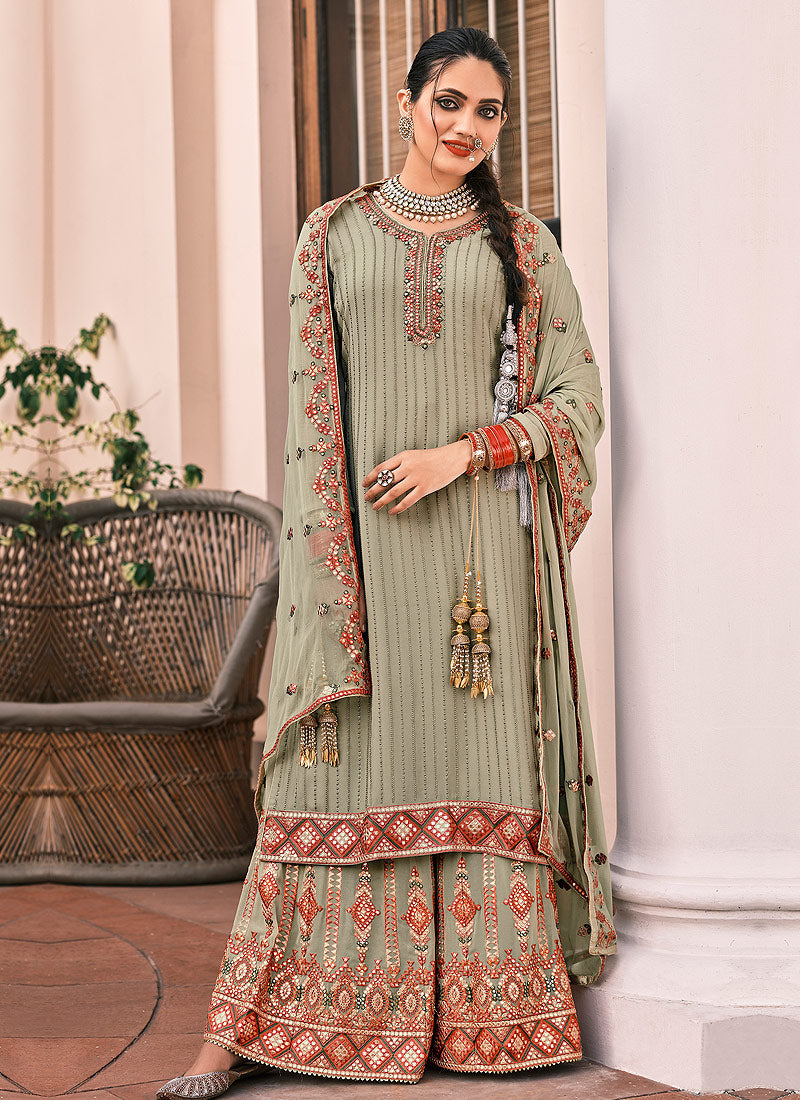 Light Green Embroidered Gharara Suit
