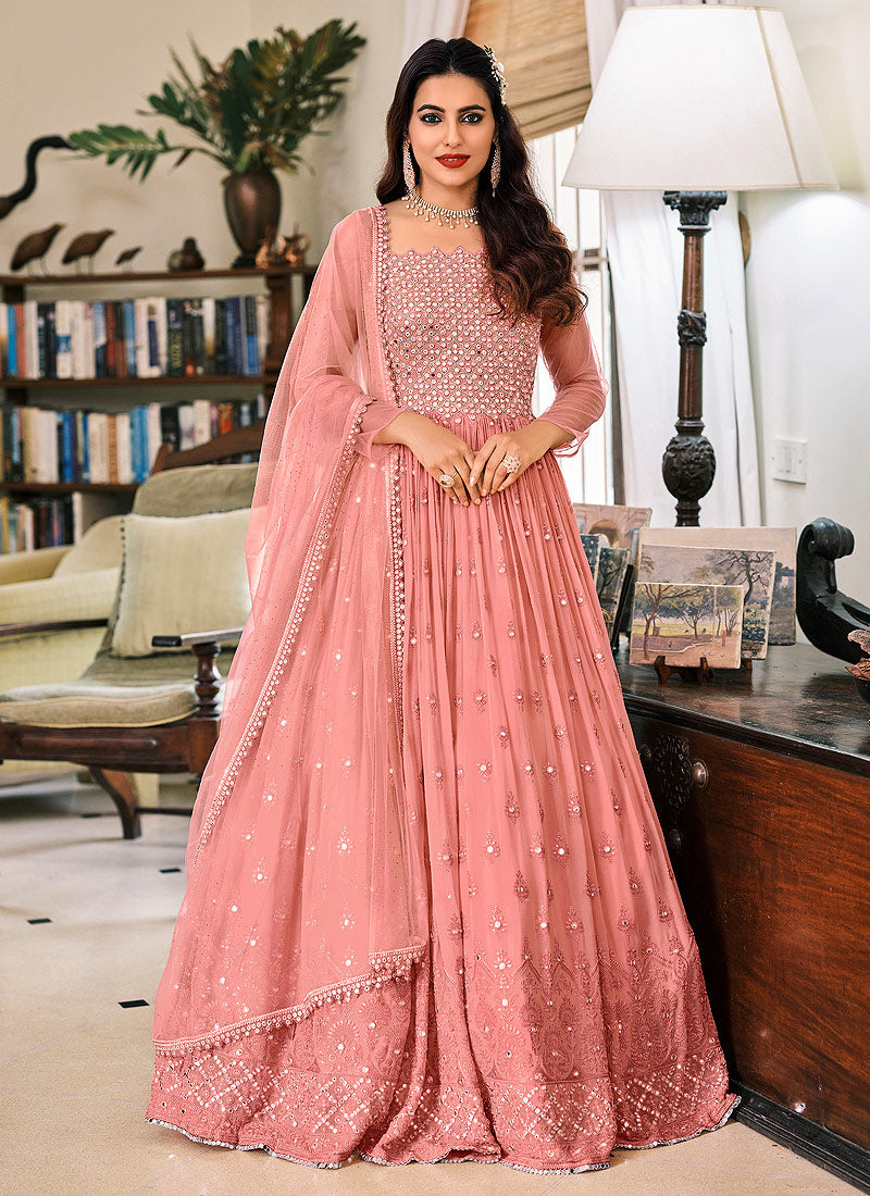 Classic Peach Color Embroidery Work Anarkali Gown – subhvastra