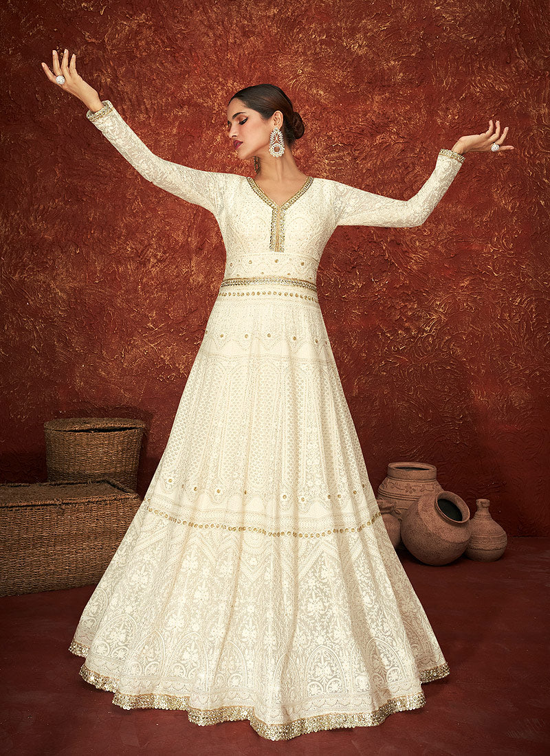 Latest Designer off White Anarkali Frock Suits Style