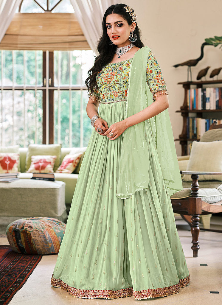 Anarkali - Buy Pista Green Foil Mirror Work Georgette Anarkali Suit Anarkali - Buy Pista Green Foil Mirror Work Georgette Anarkali Suit