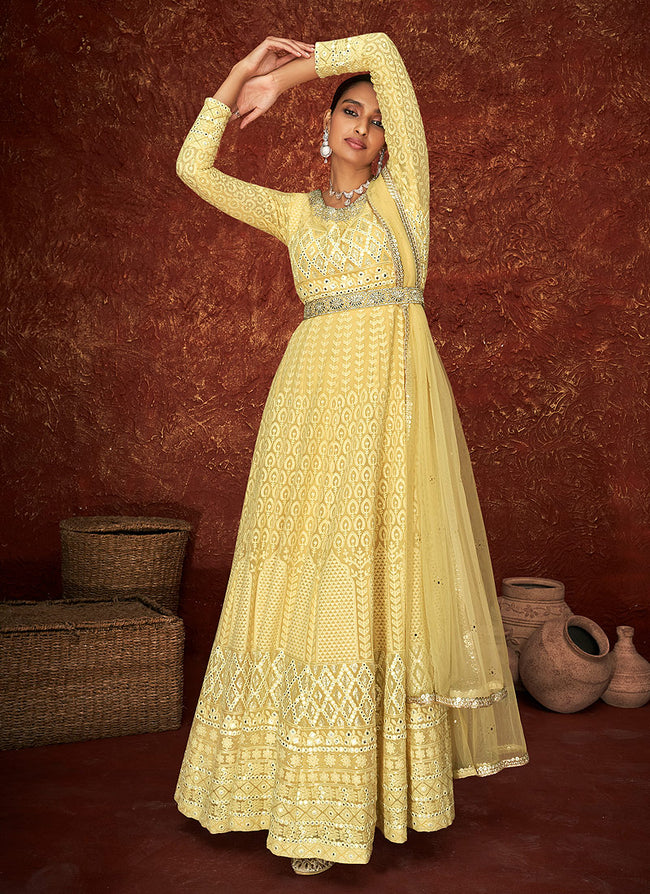 Buy Yellow Poly Net Embroidery Bead Round High Neck Gown For Women by Eli  Bitton Online at Aza Fashions.