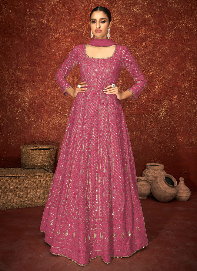 Magenta Pink Lucknowi Embroidered Indian Anarkali Suit 