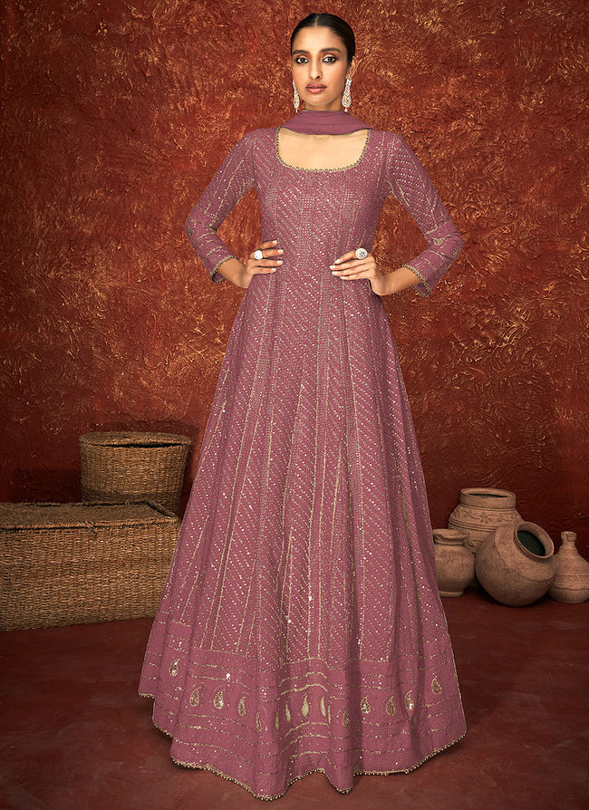 Blush Pink Lucknowi Embroidered Indian Anarkali Suit 