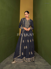 Navy Blue Traditional Embroidered Anarkali Palazzo Suit