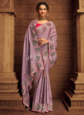 Lavender And Red Multi Embroidered Partywear Saree