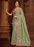 Green And Red Multi Embroidered Partywear Saree