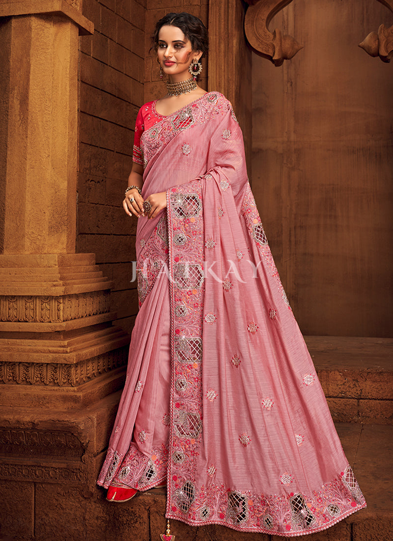 Pink And Red Multi Embroidered Partywear Saree