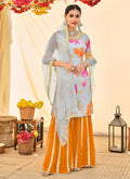 Grey And Orange Embroidered Sharara Suit