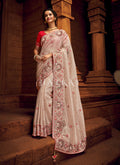Beige And Red Multi Embroidered Partywear Saree