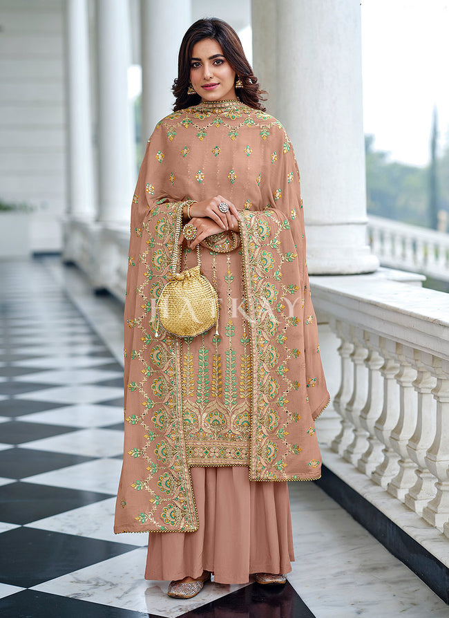 Peach Traditional Multi Embroidered Palazzo Suit