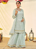 Teal Blue Zari Embroidered Festive Wear Sharara Style Suit