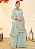 Teal Blue Zari Embroidered Festive Wear Sharara Style Suit