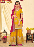 Yellow And Pink Embroidered Festive Wear Sharara Style Suit