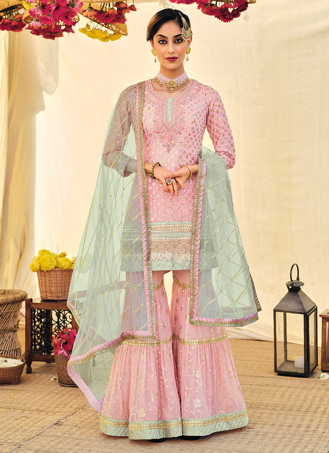 Pink And Blue Embroidered Festive Wear Sharara Style Suit