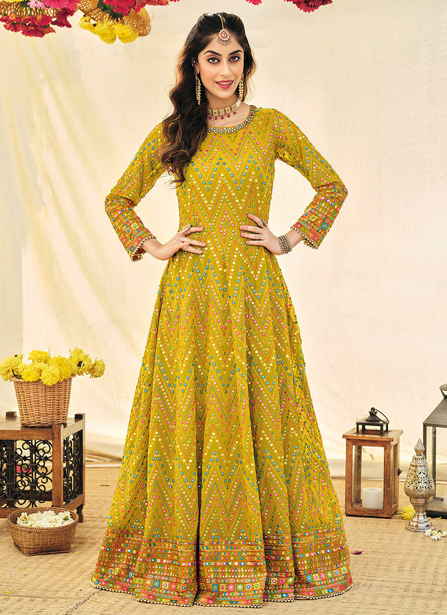 Lime Yellow Embroidered Georgette Indian Anarkali