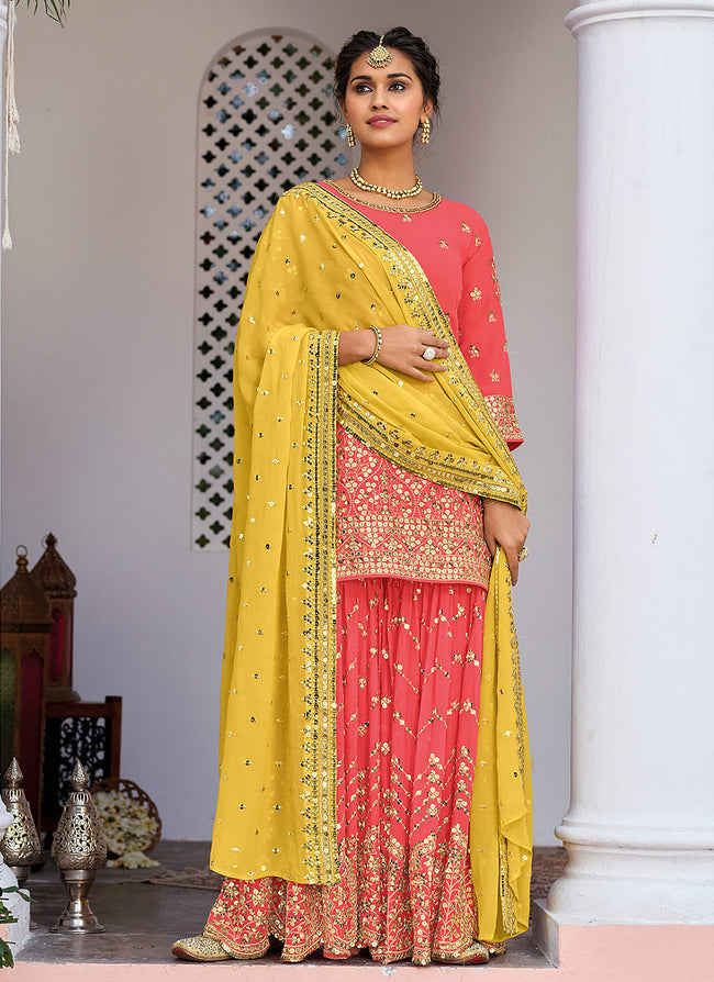 Orange And Yellow Zari Embroidered Traditional Gharara Style Suit