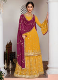 Yellow And Wine Zari Embroidered Gharara Style Suit