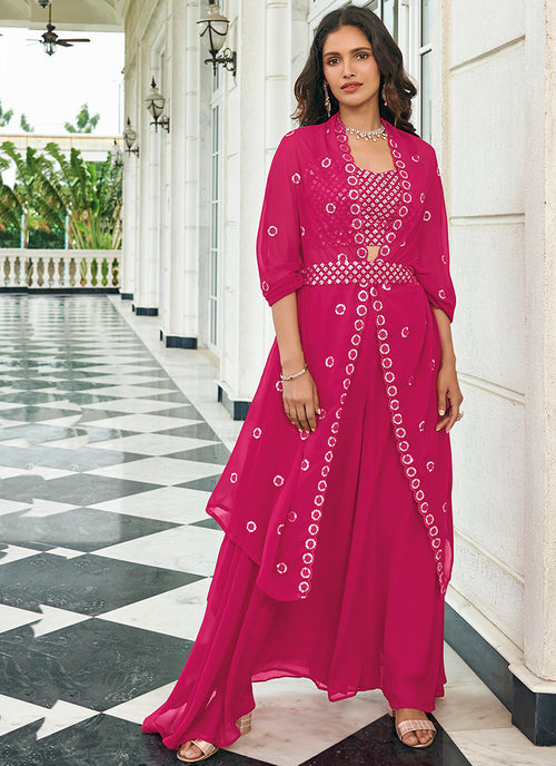 Hot Pink Sequence Embroidery Cape Style Lehenga Choli With Belt