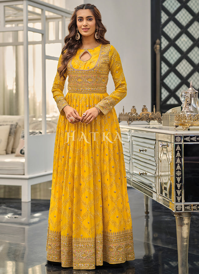 Yellow Golden Embroidered Traditional Anarkali Gown